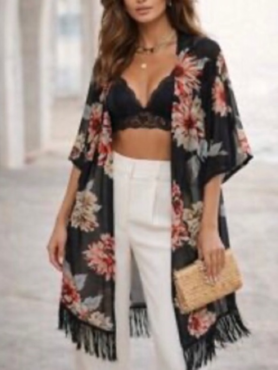 Siren Lily Sweaters - Siren Lily Black Floral Fringe Kimono with Red and Cream Blooms